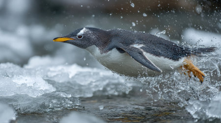 Penguin diving into icy water, captured mid-air against a backdrop of floating iceの素材