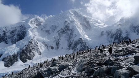 Penguin colony gathered on rocky terrain with glacier-covered mountains in the distanceの素材