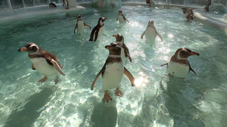 Penguins gathered near an icy pool reflecting their shapes on the glassy surfaceの素材