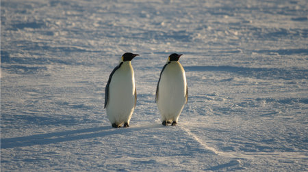 Penguins standing in pairs on frozen terrain with soft morning light illuminating themの素材