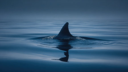 Minimalist photo of dolphin fin creating smooth ripple in endless blue oceanの素材