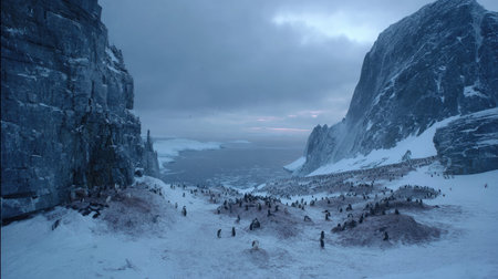 Penguin colony on frozen terrain with snow-covered cliffs and foggy horizonの素材