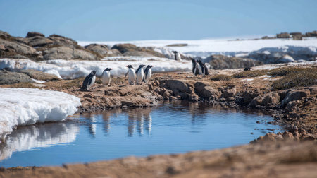 Penguins gathering at a freshwater hole in a frozen landscape under clear skyの素材