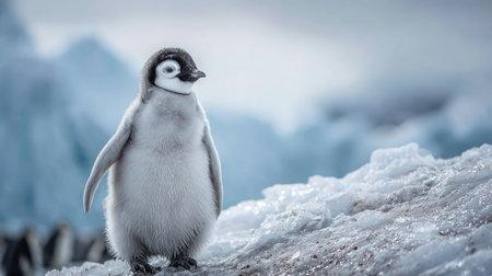 Penguin chick standing next to an icy rock, looking curiously aroundの素材