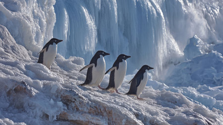Penguins walking past icy rock formations with majestic frozen waterfalls behindの素材