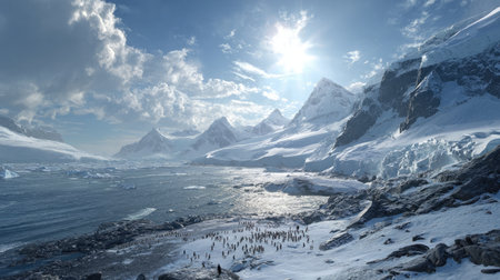 Penguin colony gathered on rocky terrain with glacier-covered mountains in the distanceの素材