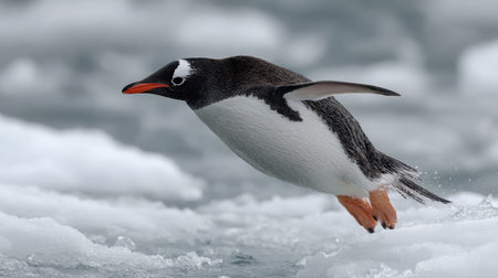 Penguin diving into icy water, captured mid-air against a backdrop of floating iceの素材