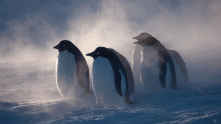 Penguins sheltering from a snowstorm, fluffed feathers visible in the cold windの素材