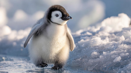 Penguin chick playing near an icy slope with chunks of snow scattered nearbyの素材