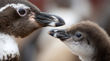 Penguin chick looking up at an adult penguin in a nurturing sceneの素材