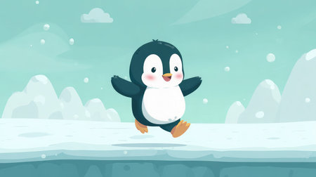 Penguin hopping over a snowbank with snowy hills rising behind itの素材