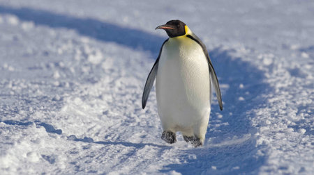 Penguin sliding belly-down on smooth ice with snow trails behind, under a bright skyの素材