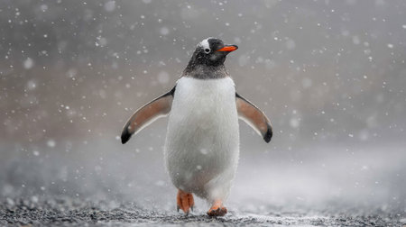 Penguin walking toward the camera with snowflakes falling in the foregroundの素材