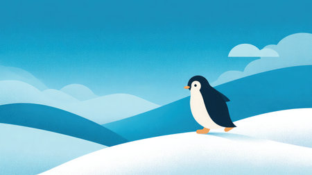 Penguin hopping over a snowbank with snowy hills rising behind itの素材