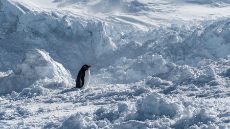 Penguin resting peacefully on a patch of dry snow surrounded by icy ridgesの素材