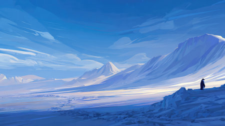 Penguin hopping over a snowbank with snowy hills rising behind itの素材