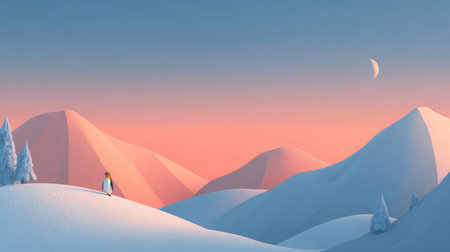 Penguin hopping over a snowbank with snowy hills rising behind itの素材