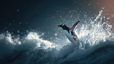 Penguin leaping out of frigid ocean waves with spray captured in motionの素材