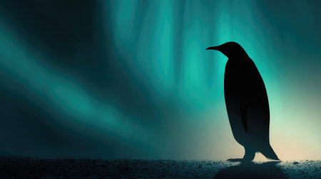 Penguin silhouette standing still against an aurora-lit night skyの素材