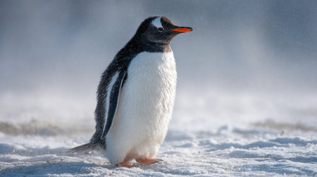 Penguin standing proudly with icy wind blowing snow across the landscapeの素材