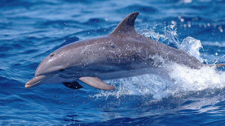 Playful dolphin flipping in mid-air above the sea with motion blurの素材