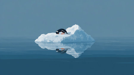 Penguin resting on a flat iceberg floating in calm polar watersの素材
