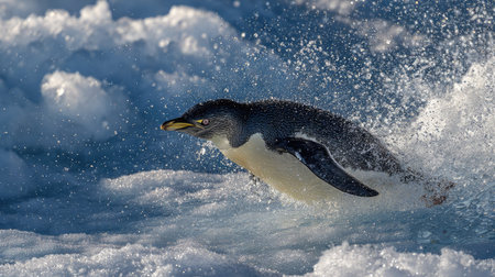 Penguin leaping out of frigid ocean waves with spray captured in motionの素材