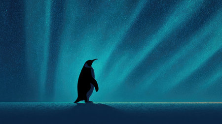 Penguin silhouette standing still against an aurora-lit night skyの素材