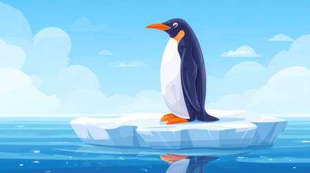 Penguin resting on a flat iceberg floating in calm polar watersの素材