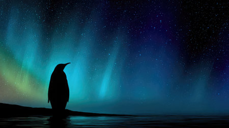 Penguin silhouette standing still against an aurora-lit night skyの素材