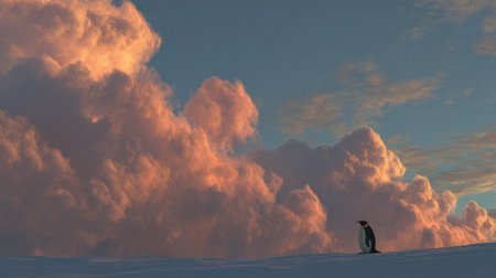 Penguin resting alone under a dramatic polar sky with long shadowsの素材