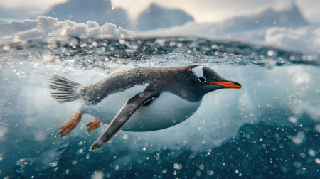 Penguin swimming just beneath the water surface in a clear arctic seaの素材