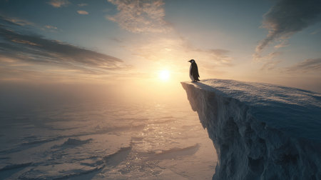 Penguin standing on the edge of an iceberg, gazing out over an icy sea at sunsetの素材
