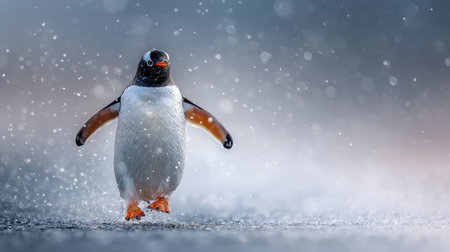 Penguin walking toward the camera with snowflakes falling in the foregroundの素材