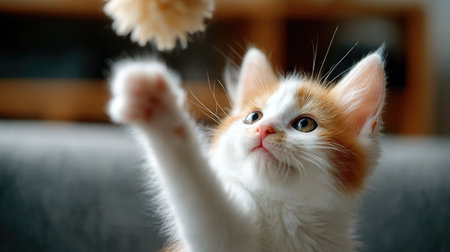 Playful kitten reaching up to swat a hanging toy in a modern minimal living roomの素材