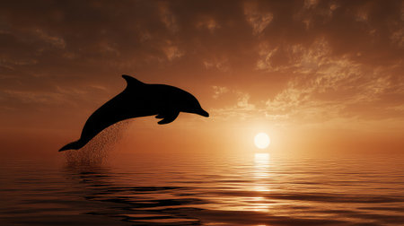 Silhouette of a dolphin jumping against the setting sun over the horizonの素材