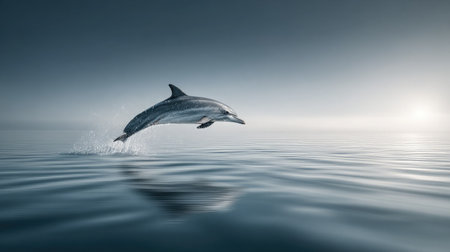 Playful dolphin flipping in mid-air above the sea with motion blurの素材