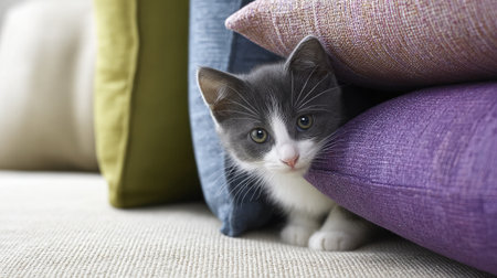 Playful kitten hiding behind couch cushions in a tidy living roomの素材