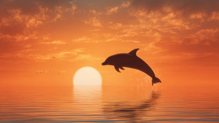 Silhouette of a dolphin jumping against the setting sun over the horizonの素材