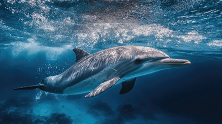 Single dolphin coasting just under surface, creating gentle bubble trailsの素材