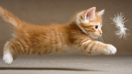 Playful kitten chasing a feather toy in mid-air with motion blurの素材