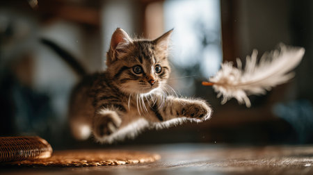 Playful kitten chasing a feather toy in mid-air with motion blurの素材