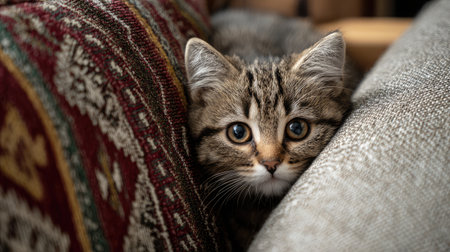 Playful kitten hiding behind couch cushions in a tidy living roomの素材