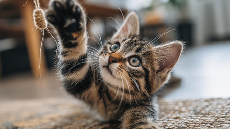 Playful kitten reaching up to swat a hanging toy in a modern minimal living roomの素材