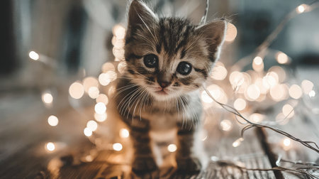 Soft-focus image of kitten in front of string lights on a wooden floorの素材