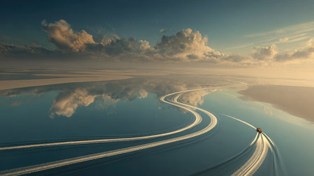 Serene seascape with dolphin trail lines forming across the ocean surfaceの素材