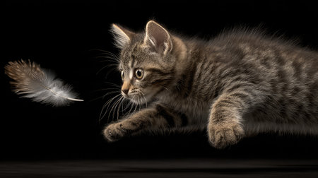 Playful kitten chasing a feather toy in mid-air with motion blurの素材