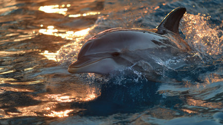 Single dolphin breaking the water's surface with ripples and splashes around it under golden hour lightの素材