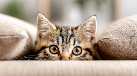 Playful kitten hiding behind couch cushions in a tidy living roomの素材