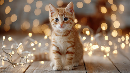 Soft-focus image of kitten in front of string lights on a wooden floorの素材